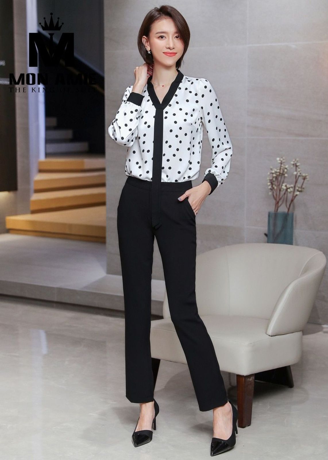 White Polka Dot V Neck Shirt 